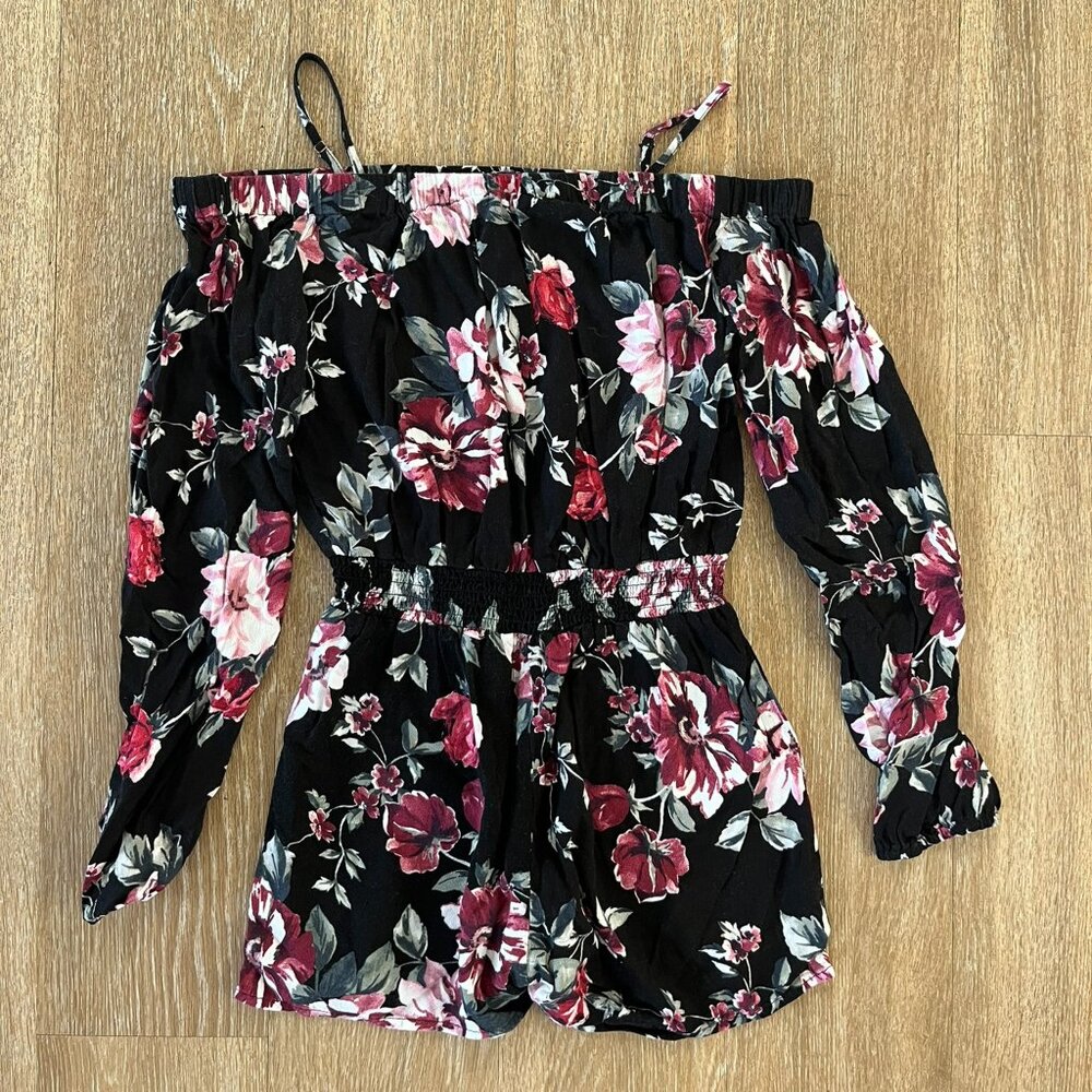 LA Hearts Women's Black Floral Rayon Long Sleeve Off-Shoulder Romper - Small
